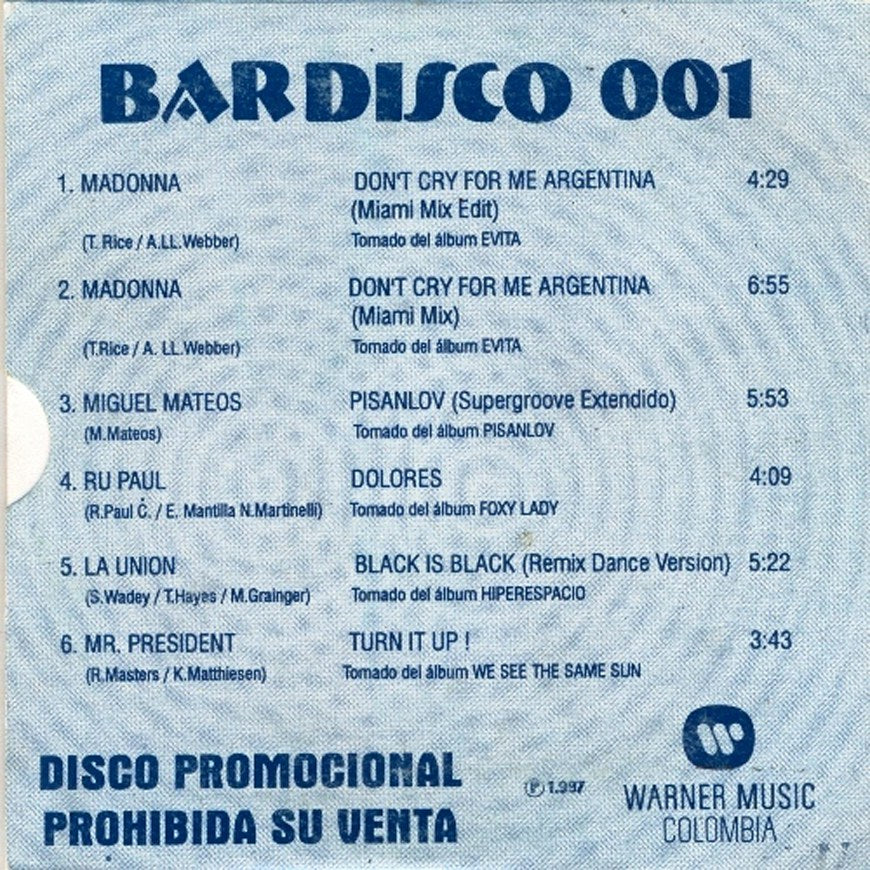 Compilation | Bardisco 001 - avec Don't cry for me Argentina (Promo - Colombie)